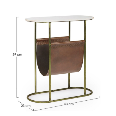 Mesa auxiliar com tampo oval branco e suporte para jornais em couro castanho