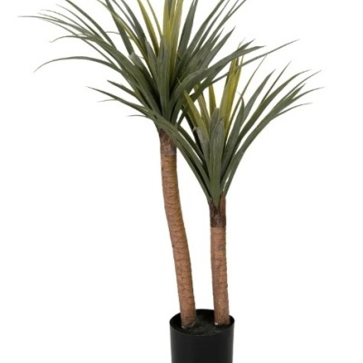 Planta artificial dracena com dois troncos em vaso preto
