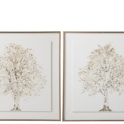 Duas molduras com ilustrações de árvores detalhadas em tons neutros sobre fundo branco.