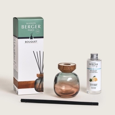 Conjunto de difusor ambiente com frasco, tampa de madeira, varetas pretas, refil e caixa