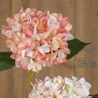Flor artificial rosa com folhas verdes, texto com medidas Alt. 46 cm e Ø flor aprox. 17 cm