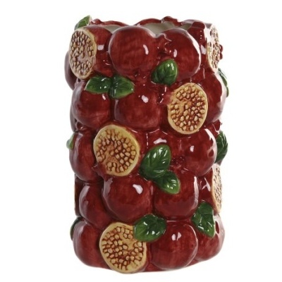 Vaso cerâmico decorado com figos vermelhos e folhas verdes