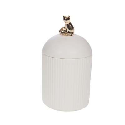 Frasco decorativo branco com tampa e gato dourado