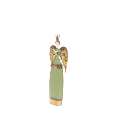 Estatueta de anjo verde com asas e coroa douradas, segurando um coração dourado