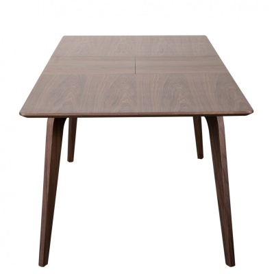 Mesa de madeira castanha com tampo quadrado e pernas inclinadas