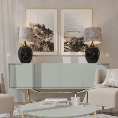 Sala de estar com móvel suspenso verde água, mesa redonda com vela KOKO e lâmpadas com abajur cinzento.