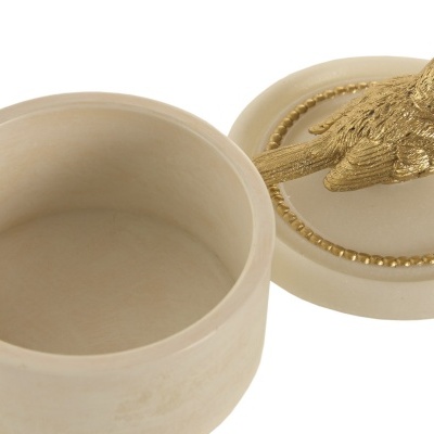 Caixa redonda creme com tampa decorada com pássaro dourado