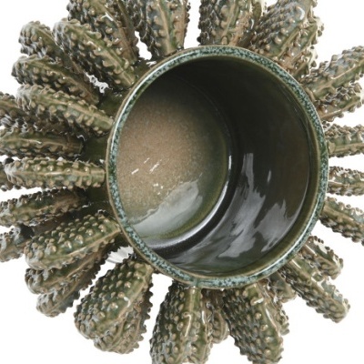 Vaso cerâmico verde com textura de cacto e interior esmaltado castanho