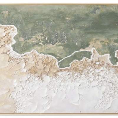Quadro decorativo abstrato em tons de verde, bege e branco com textura e moldura de madeira