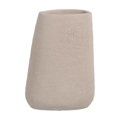 vaso decorativo de cerâmica bege com textura áspera e formato cónico irregular