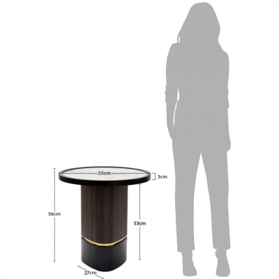 Mesa de apoio redonda com tampo branco e estrutura em madeira escura e detalhe dourado