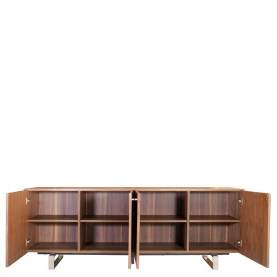 Móvel de madeira castanha com portas abertas e seis compartimentos