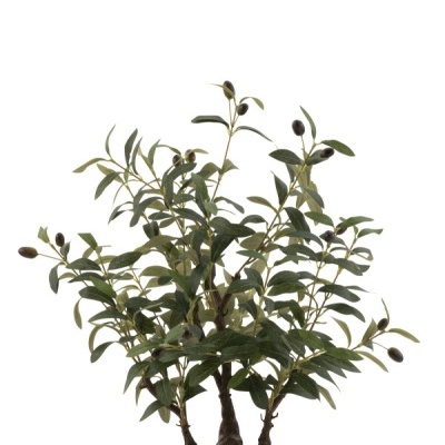 Planta artificial de oliveira com folhas verdes e azeitonas em vaso preto decorativo