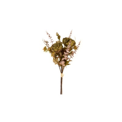Buquê artificial de flores e folhas secas verdes e rosa