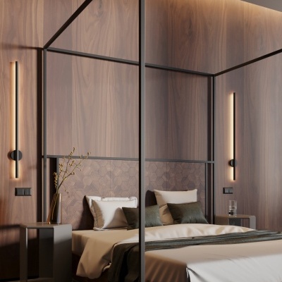 Quarto moderno com cama de dossel em madeira e metal, decoração em tons naturais e iluminação suave.