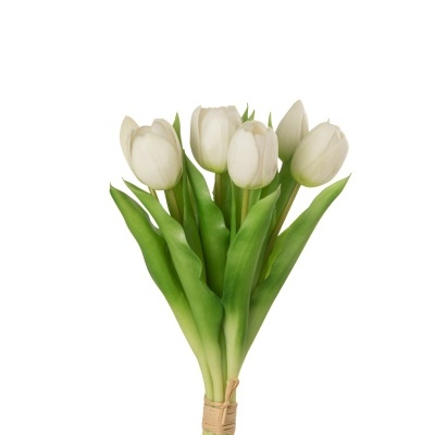 Buquê de tulipas brancas artificiais com folhas verdes