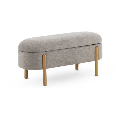 Banco estofado cinzento com pernas de madeira clara