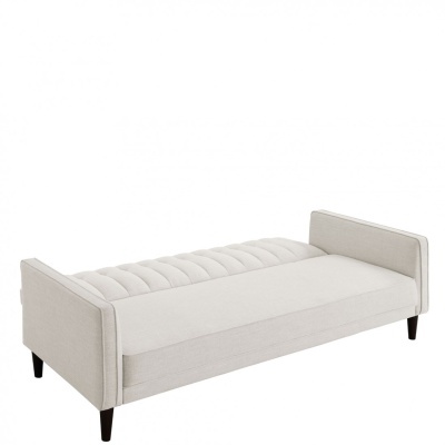 Sofá-cama bege claro com braços estofados e pernas de madeira