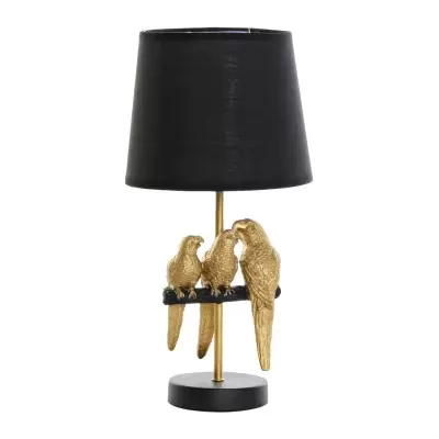 Luminária com abajur preto e base com três aves douradas