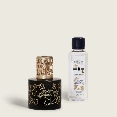 Conjunto difusor de fragrância preto com detalhes dourados e frasco transparente de recarga Lampe Berger