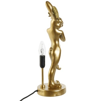 Candeeiro dourado com figura artística de coelho e lâmpada visível