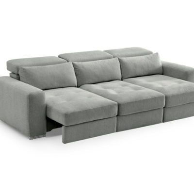 Sofá modular cinzento em tecido com três lugares e encostos ajustáveis