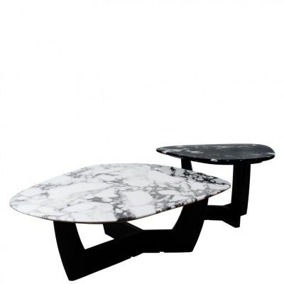 Mesa de centro dupla com tampos de mármore branco e preto e pés de madeira preta