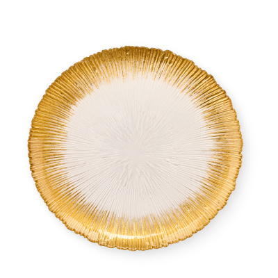 Prato decorativo em vidro branco com borda dourada