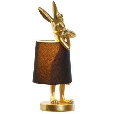 Candeeiro de mesa com suporte dourado em forma de coelho e cúpula preta
