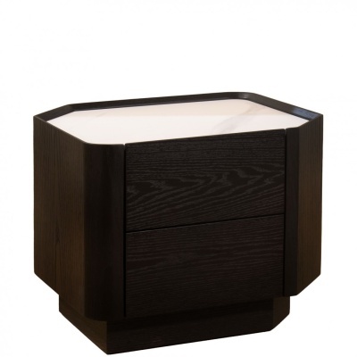 Móvel de madeira escura com duas gavetas e tampo branco hexagonal