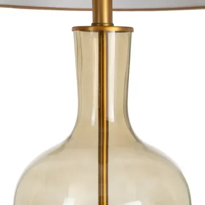 Candeeiro de vidro amarelo e metal dourado com cúpula branca.