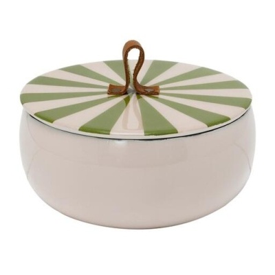 Recipiente em cerâmica com tampa verde e branca decorativa e alça castanha.