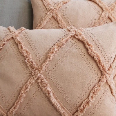 Almofadas decorativas cor de rosa claro com padrão em relevo e franjas num sofá cinza