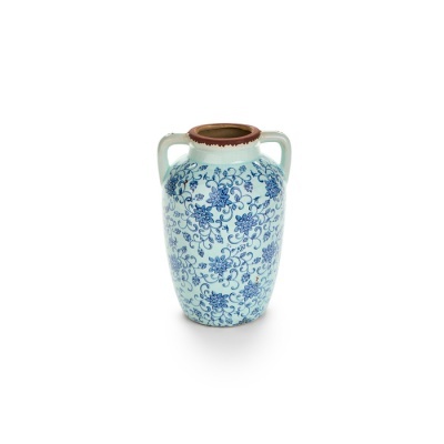 Jarro cerâmico branco com padrão azul floral e pegas