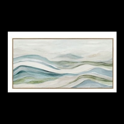 Quadro decorativo com pintura abstrata em tons azul, verde e cinza com moldura de madeira clara
