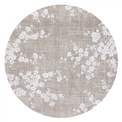 Toalha de mesa redonda bege com padrão floral branco