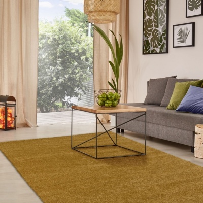 Tapete castanho felpudo numa sala com sofá cinza e decoração verde