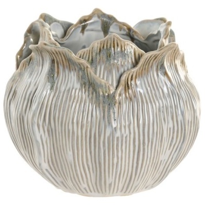 Vaso decorativo em cerâmica branca com textura nervurada e detalhes bege