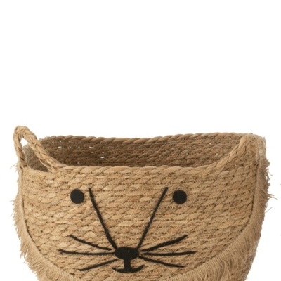 Cesto de corda natural com padrão facial de gato e franjas nas bordas