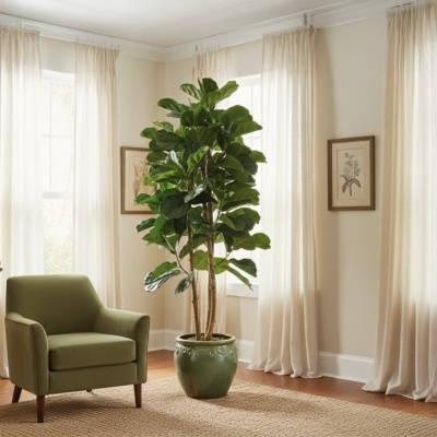 Sala com poltrona verde, vaso cerâmica verde com planta, mesa de madeira com vaso branco, cortinas bege.