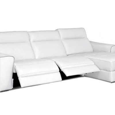 sofá branco em couro com chaise longue e reclináveis