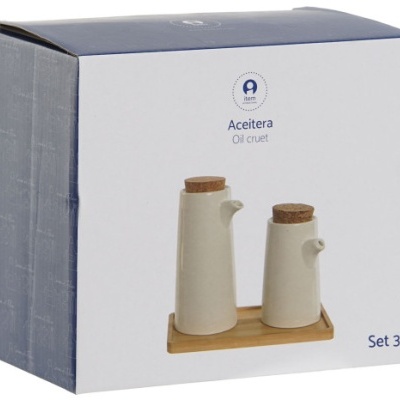 Conjunto de 2 aceiteras de cerâmica com tampas de cortiça e suporte de madeira na embalagem