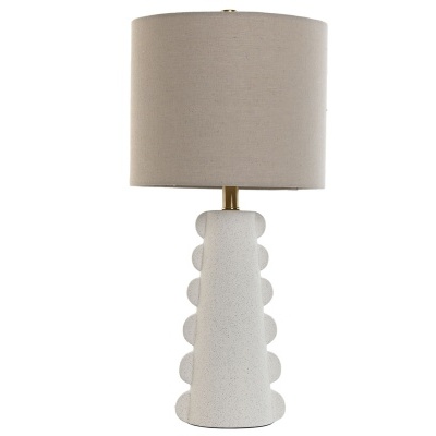 Candeeiro de mesa com base cerâmica branca e aba bege