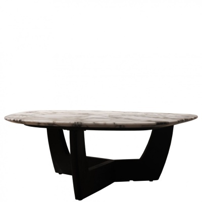 Mesa de centro oval em mármore branco com base preta