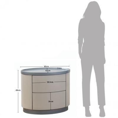 Mesa de apoio redonda bege com tampo cinza e dimensões detalhadas.