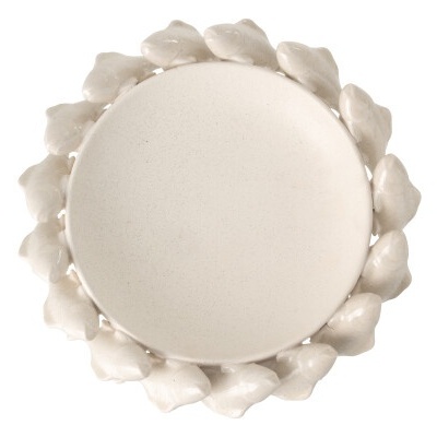 Prato redondo branco com borda de pássaros em cerâmica