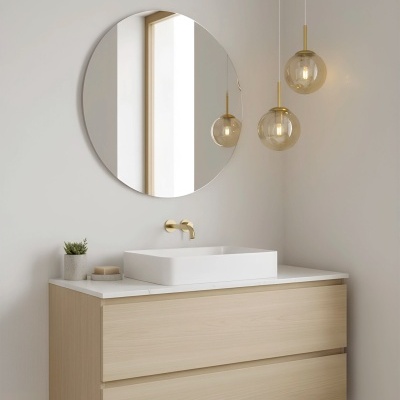 Móvel de casa de banho com gavetas, lavatório e espelho redondo