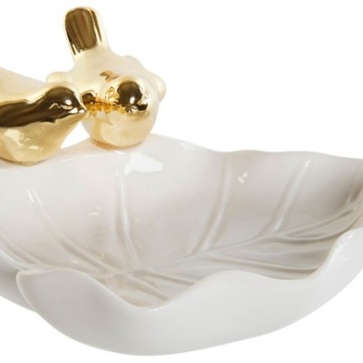Recipiente decorativo branco em forma de folha com pássaros dourados