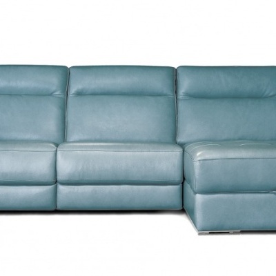 Sofá chaise longue azul esverdeado de couro com três lugares