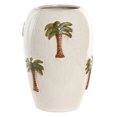 Vaso cerâmico branco com palmeiras em relevo